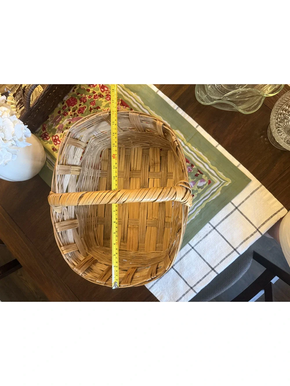Vintage Handwoven Wicker Basket with Fixed Overhead Handle - Natural Reed/Rattan